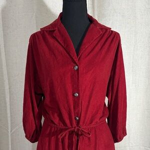 Vintage Red Button-Front Drawstring Waist Midi Dress